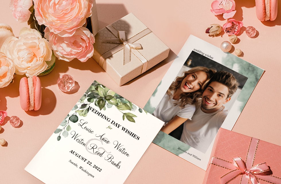 two wedding day cards surrounded by wedding decorations